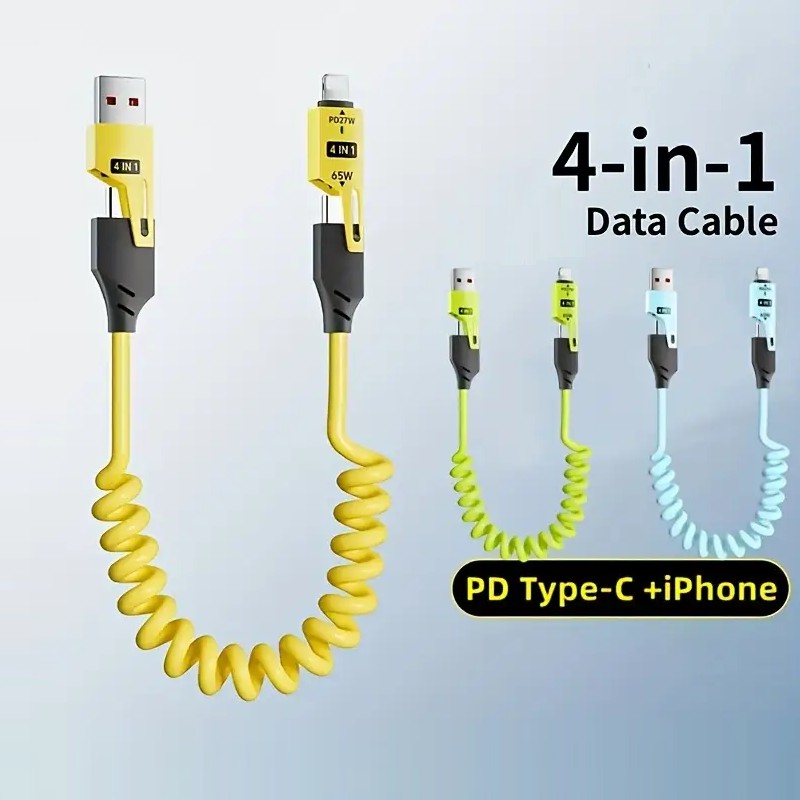 câble-rétractable-multifonctionnel-4en1-de-65w-avec-usb-c-charge-ultra-rapide-synchronisation-données-silicone-chargement-indicateur-iphone-ipad-xiaomi-huawei-oppo-TUNISIE-noir Câble universel rétractable 65W 4-en-1 - Image 2
