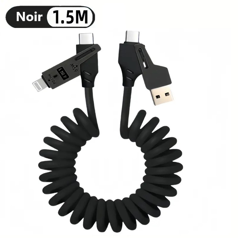 câble-rétractable-multifonctionnel-6en1-de-65w-avec-usb-c-charge-ultra-rapide-synchronisation-données-silicone-chargement-indicateur-iphone-ipad-xiaomi-huawei-oppo-TUNISIE-noir Câble universel rétractable 65W 4-en-1 - Image 3
