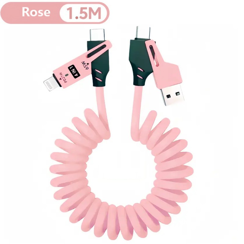 câble-rétractable-multifonctionnel-6en1-de-65w-avec-usb-c-charge-ultra-rapide-synchronisation-données-silicone-chargement-indicateur-iphone-ipad-xiaomi-huawei-oppo-TUNISIE-rose Câble universel rétractable 65W 4-en-1 - Image 4
