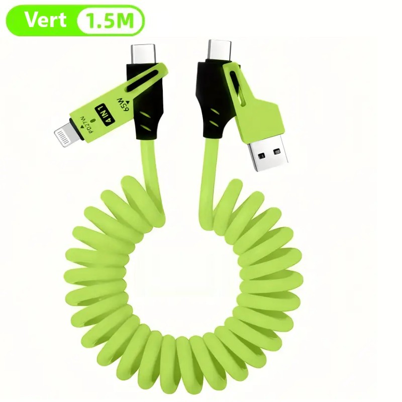 câble-rétractable-multifonctionnel-6en1-de-65w-avec-usb-c-charge-ultra-rapide-synchronisation-données-silicone-chargement-indicateur-iphone-ipad-xiaomi-huawei-oppo-TUNISIE-vert Câble universel rétractable 65W 4-en-1 - Image 5