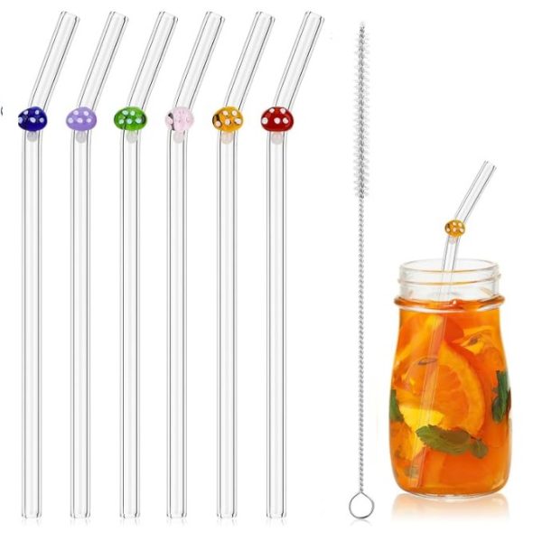 Pack de 6 pailles en verre borosilicate motif Champignon