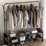 Cintre acier double avec 2 étagère et roulettes – Image 5