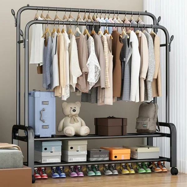 Cintre acier double avec 2 étagère et roulettes