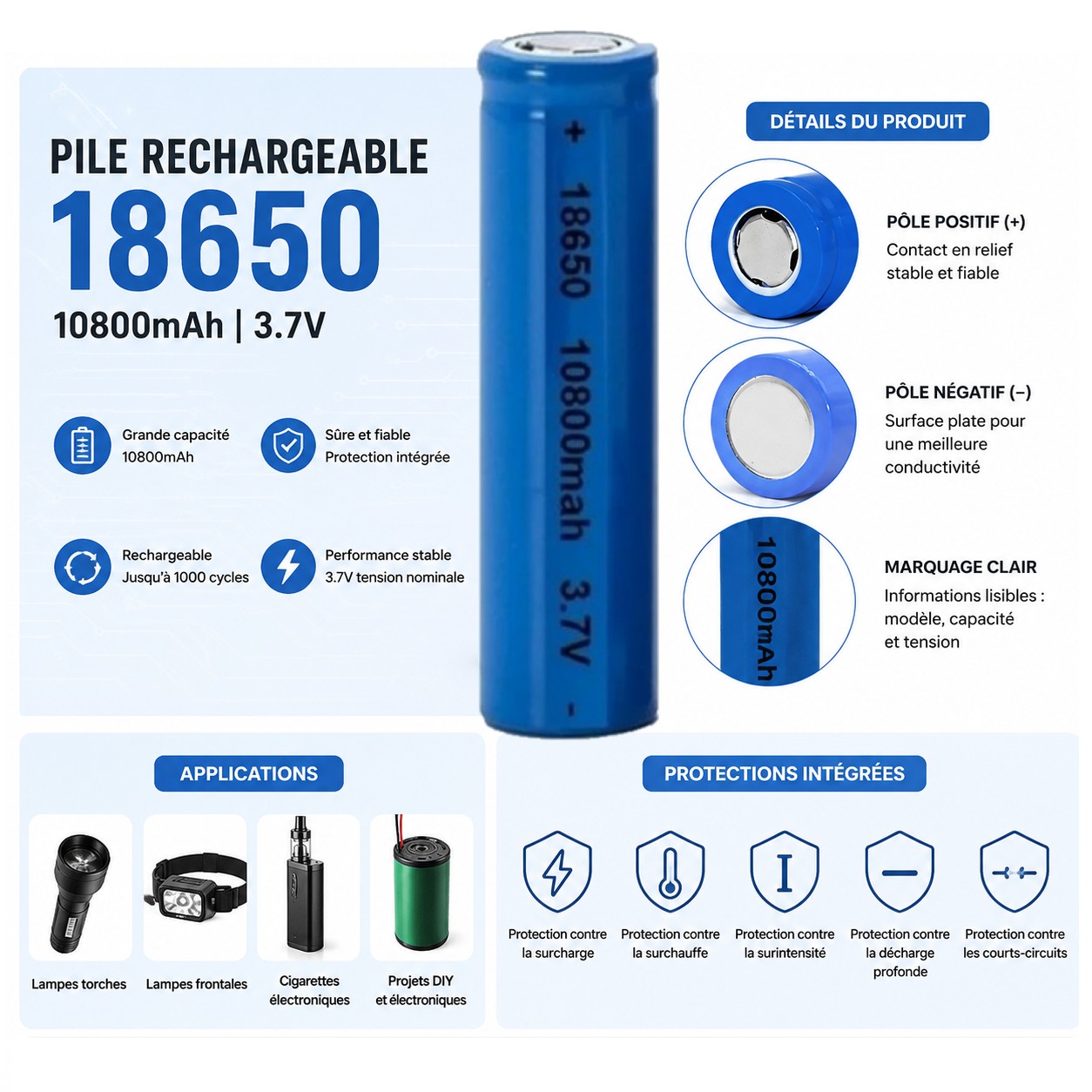 pile-rechargeable-3-7-v-18650-10800mah Pile Rechargeable 18650 3.7V 10800mAh - Dessus Plat – Image 1