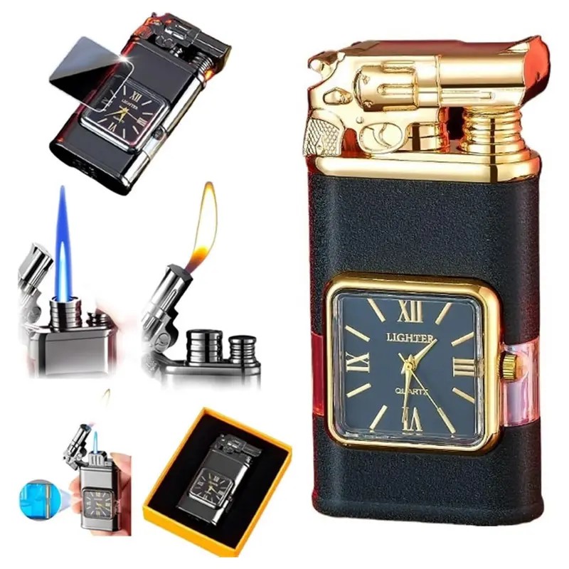 Briquet-forme-double-flamme-promotion-cadeau-tunisie-vente-yallafid-- Briquet double flamme avec montre -pistolet – Image 1