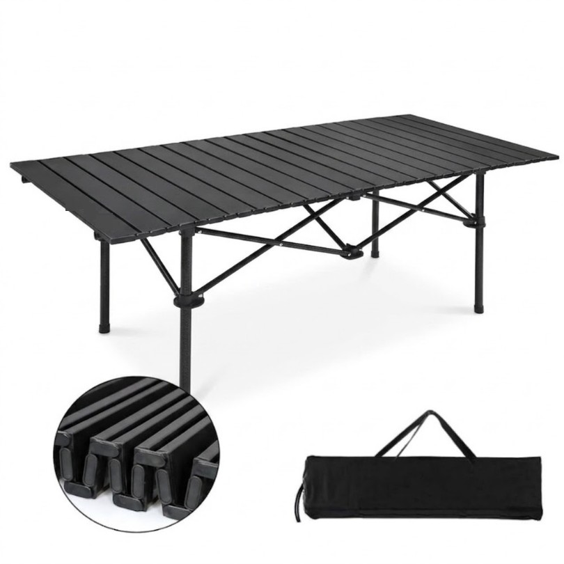 Table-pliable-beige-tunisie-yallafid-plage-jardin-grand-format-noir Table pliable de camping en aluminium grand format – Image 1